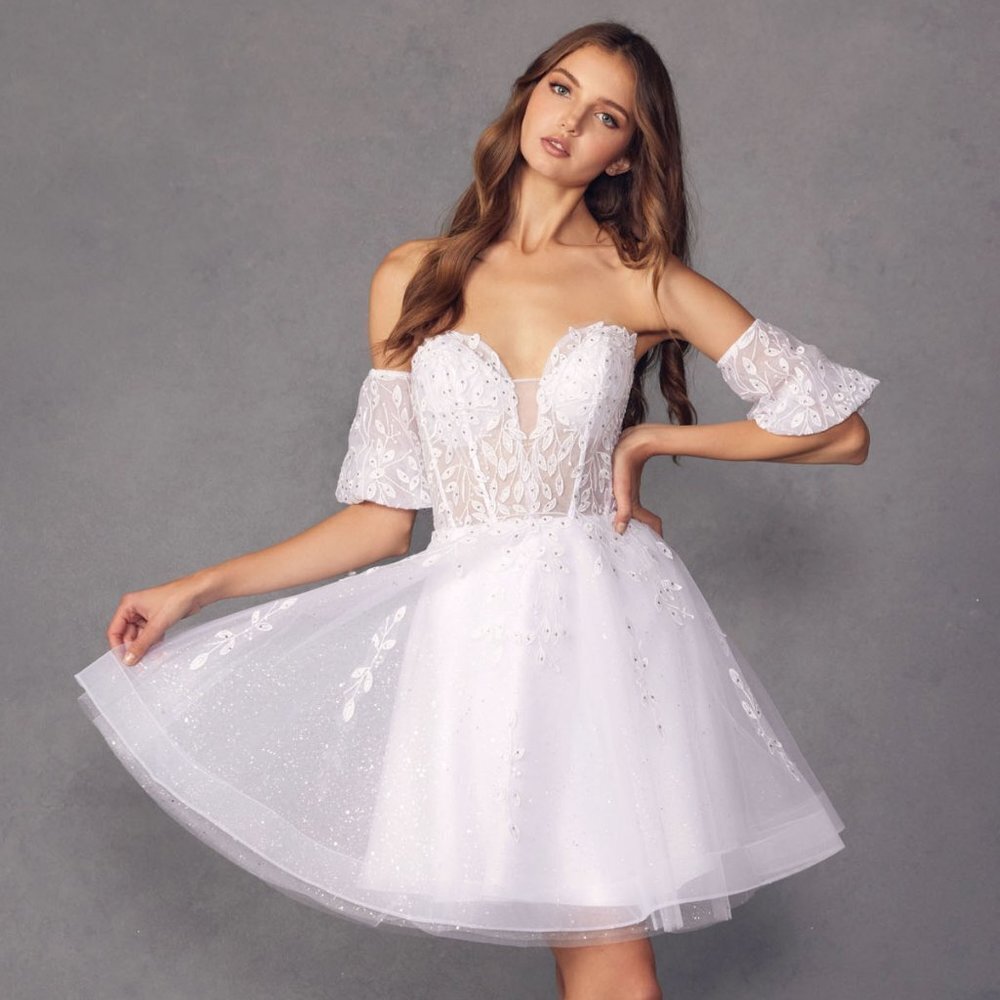 NEW SHORT OFF THE SHOULDER BABY DOLL DRESS WITH DETACHABLE PUFF SLEEVES JT 909